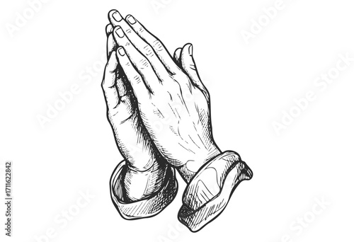 Black and white sketch of praying hands in traditional gesture - stock vector