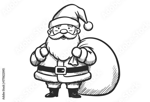 Illustration of santa claus with gift sack in classic black and white style - stock vector