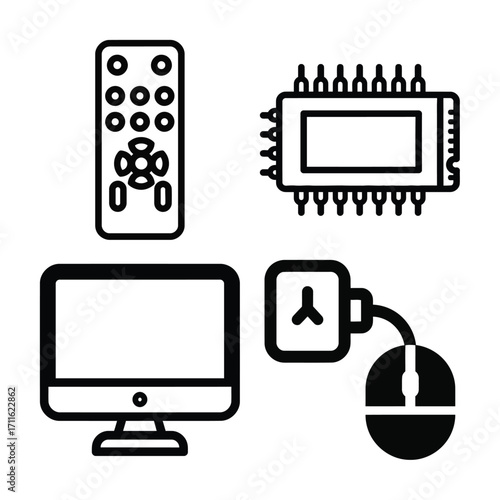 Collection of four icons representing technology and connectivity a power plug and adapter, a smartphone, a wifi router, and a smartwatch with heart rate monitor, isolated on white background