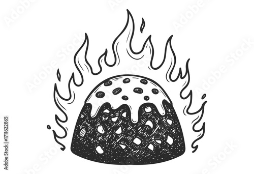 Traditional christmas pudding with flames and icing illustration - stock vector