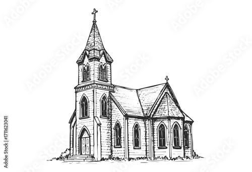 Detailed sketch of historic gothic revival church with tower and cross - stock vector