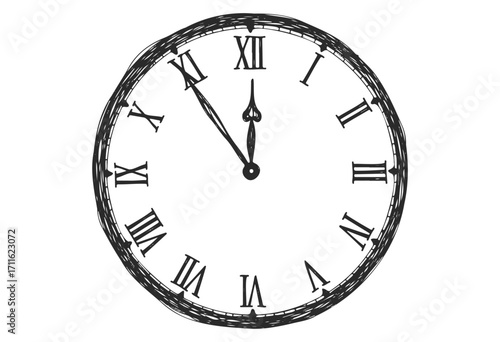 Simple black and white sketch of analog clock showing twelve with roman numerals - stock vector