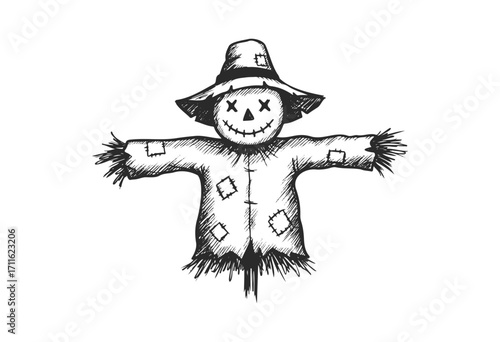Hand-drawn scarecrow illustration with hat and patchwork clothes - stock vector