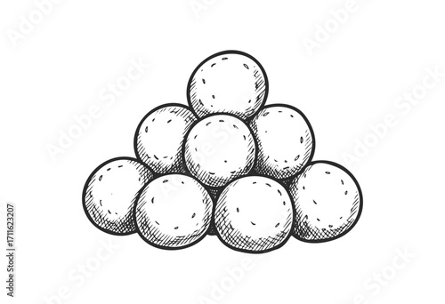 Hand-drawn pyramid of spherical stones in monochrome sketch style - stock vector