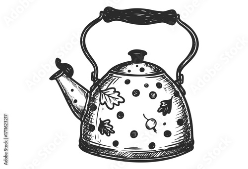 Vintage polka dot teapot with autumn leaf design in black and white - stock vector