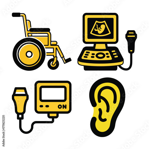 Assortment of medical icons including a heart monitor, otoscope, iv drip, and thermometer isolated on white background