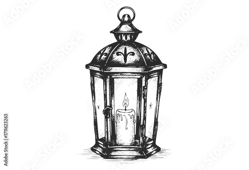 Vintage lantern with candle drawing - elegant retro lighting illustration - stock vector