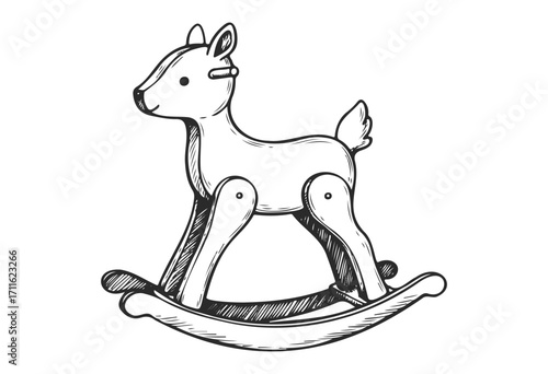 Hand-drawn rocking horse toy sketch with deer design in black and white - stock vector
