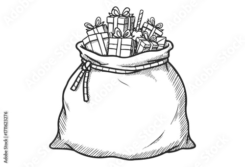 Sack filled with wrapped gifts in black and white drawing - stock vector