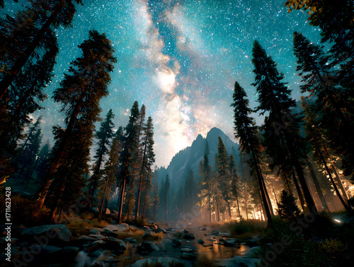 Wallpaper Mural Magnificent Milky Way Scene Of Forest And Stream: Stunning Reflection Of Starry Sky And Towering Trees On Mountain Water Torontodigital.ca
