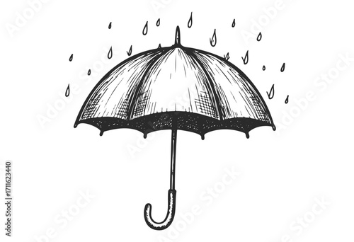 Hand-drawn umbrella in rain with raindrops illustration - stock vector