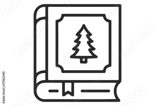 Christmas storybook icon with christmas tree cover outline - stock vector