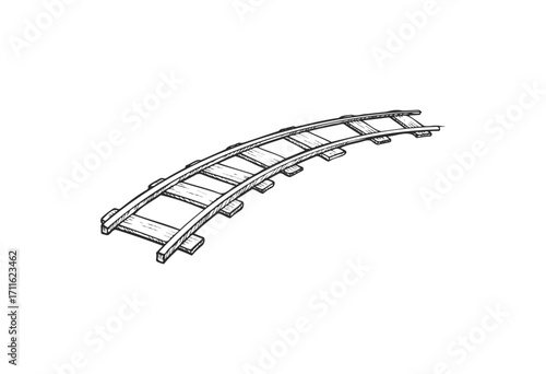 Curved wooden railway track sketch - stock vector
