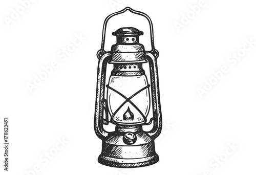 Vintage oil lantern drawing with detailed lines and classic design - stock vector