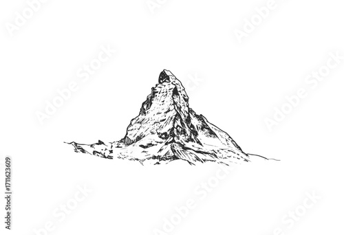 Detailed black and white mountain sketch of iconic matterhorn peak - stock vector