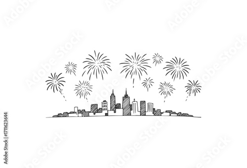 City skyline with fireworks sketch: celebration in black and white - stock vector