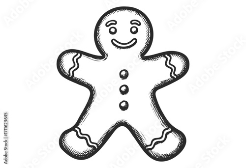 Black and white sketched gingerbread man with smile and icing details - stock vector