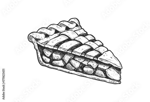 Hand-drawn apple pie slice with lattice crust - stock vector