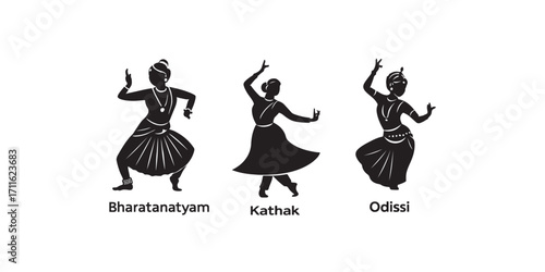 Print  Minimalist black and white silhouette set of Indian classical dance postures – Bharatnatyam, Kathak, Odissi.