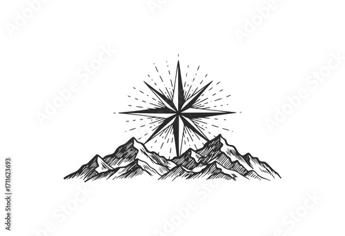 Vintage compass rose illustration behind mountain range - stock vector