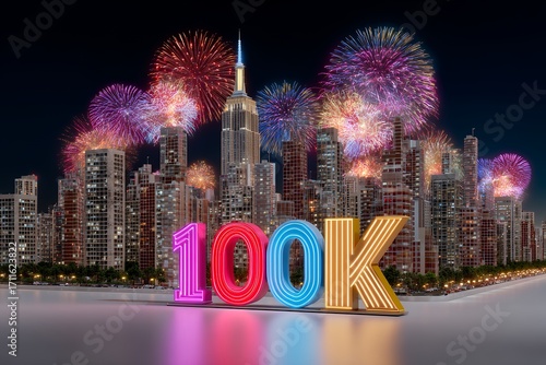 100k celebration with fireworks over city skyline at night