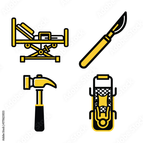 Set of four veterinary medicine icons including a first aid kit, stomach, bone, and medicine vials isolated on white background