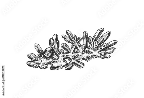 Detailed black and white crystal cluster illustration of quartz mineral formation - stock vector
