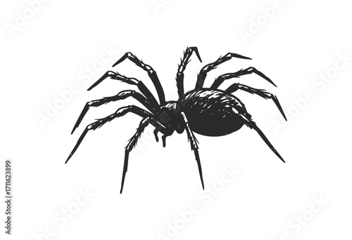 Detailed black spider illustration with eight legs and intricate body patterns - stock vector
