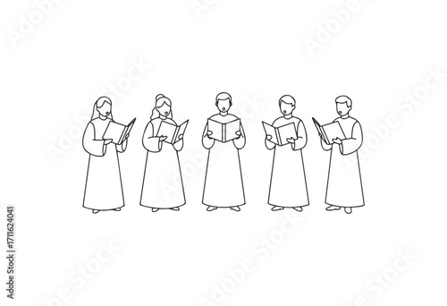 Line drawing of five choir members singing in robes - stock vector