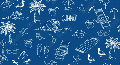 Summer vacation seamless pattern with palm trees, cocktails and beach accessories fun mood