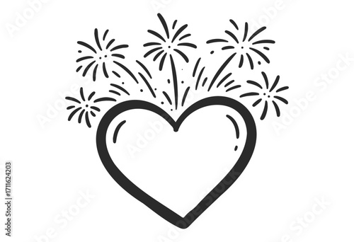 Hand-drawn heart with bursting fireworks - symbol of love and celebration - stock vector