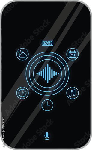Smart home device with weather, calendar, music, and time icons.