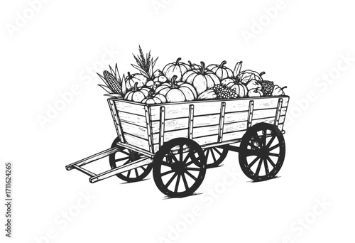Rustic wooden cart filled with harvest vegetables and pumpkins - stock vector