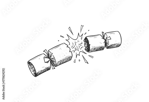 Sketch of a cracker pulling apart with a pop and confetti explosion - stock vector