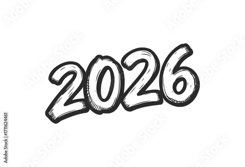 Hand-drawn stylized 2026 year graphic with bold black outlines - stock vector