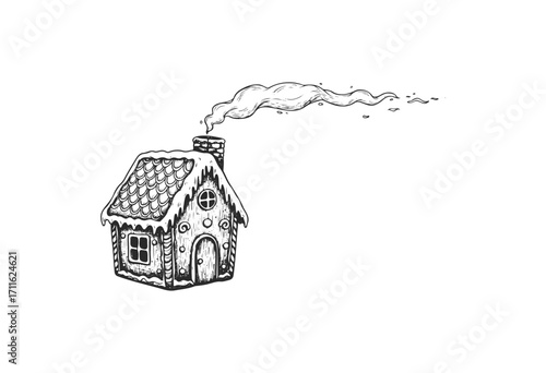 Whimsical snow-covered cottage with smoke from chimney - stock vector