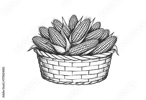 Detailed black and white sketch of corn cobs in woven basket - stock vector