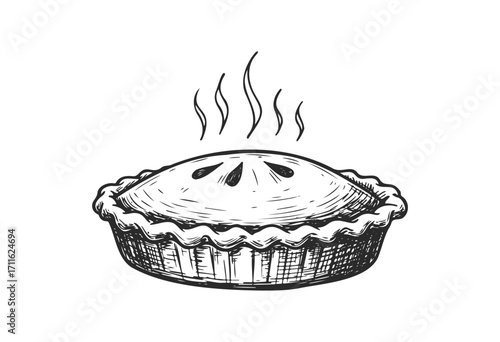 Hand-drawn hot pie with steam rising from crust - black and white food sketch - stock vector