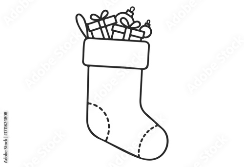 Festive christmas stocking filled with presents and ornaments - stock vector