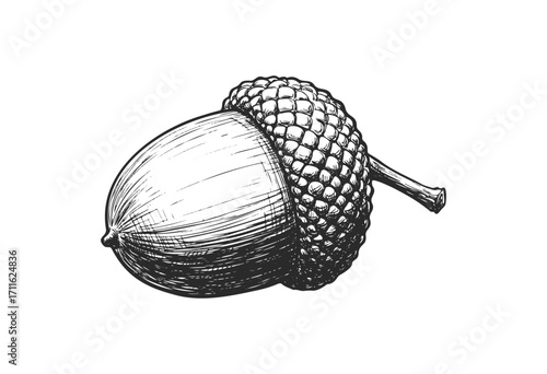 Detailed black and white sketch of a single acorn with textured cap - stock vector