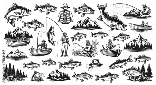 Classic fishing adventures in nature with majestic mountains and leaping fish elements