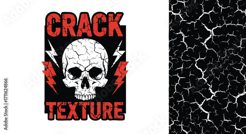 Bold cracked skull graphic with lightning bolts and edgy distressed texture pattern