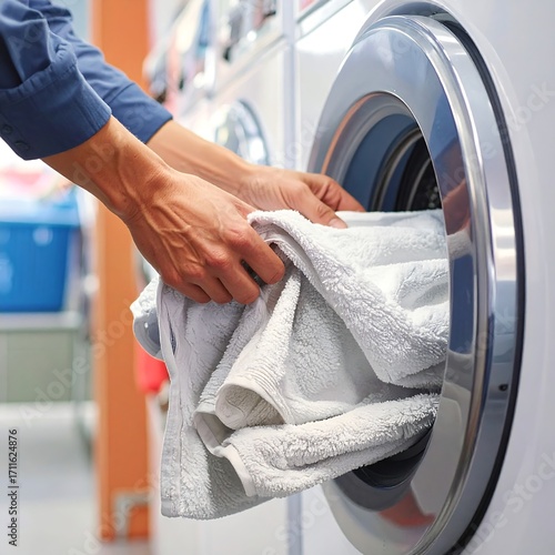 Hands loading white towels into a washing machine