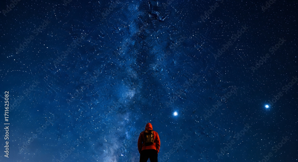 Obraz premium A lone adventurer in a red jacket stands in awe under a breathtaking starry night sky, gazing at the Milky Way galaxy