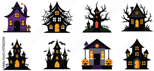 Spooky haunted house and creepy tree vector set for Halloween night horror background and scary decoration