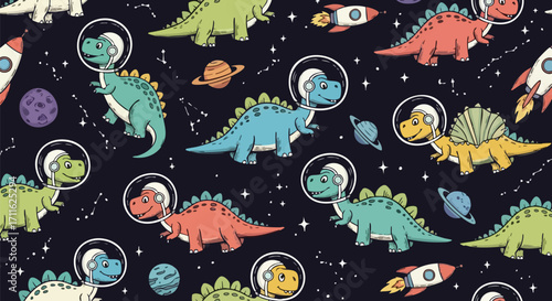 Adorable dinosaur astronauts explore outer space in a whimsical and colorful cosmic pattern