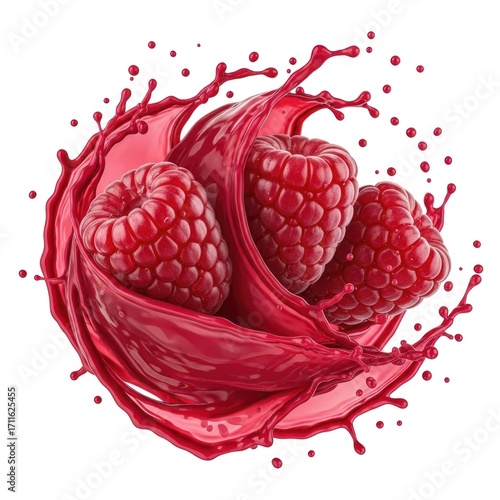 Raspberry with Juice Splash Isolated on White Background