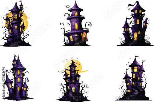Haunted house vector set with colorful spooky mansions for Halloween scary night and creepy background design