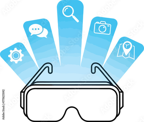 Line art illustration of virtual reality glasses projecting various digital interface icons like search, chat, camera, and map.