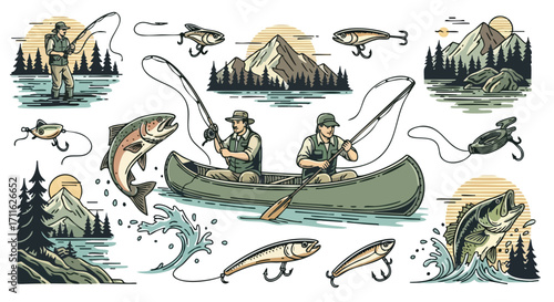 Anglers enjoying fishing adventures with mountain landscapes and vibrant fish illustrations
